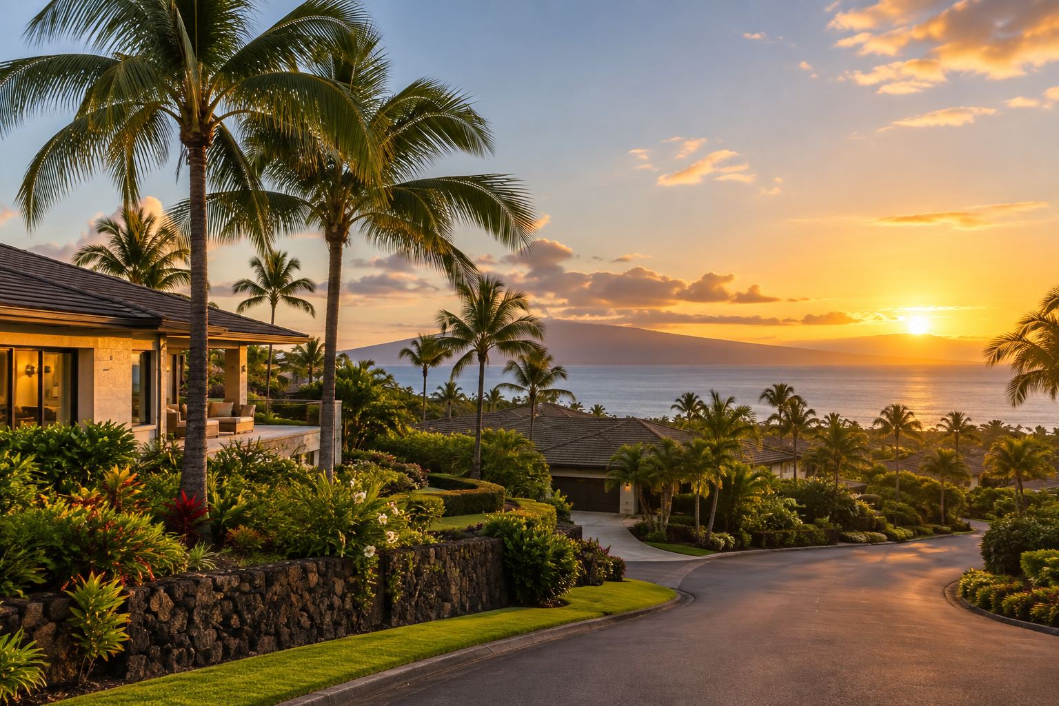 A West Maui, Hawaii coastal residential neighborhood at sunset, illustrative