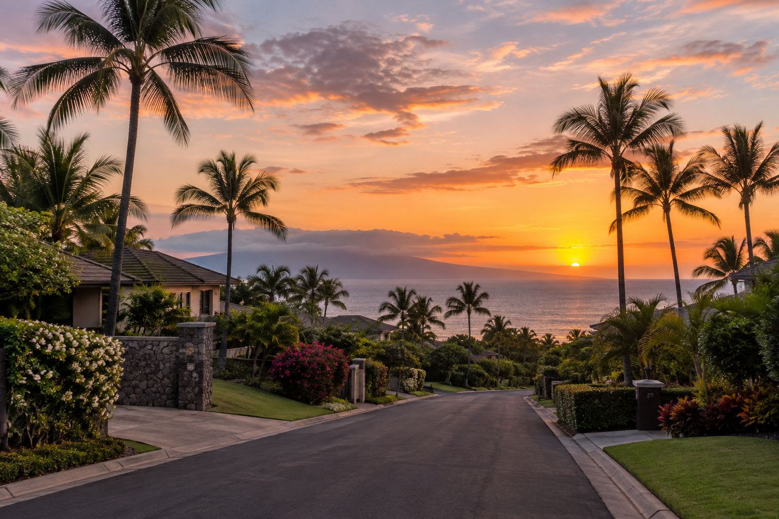 A West Maui, Hawaii street at sunset, illustrative
