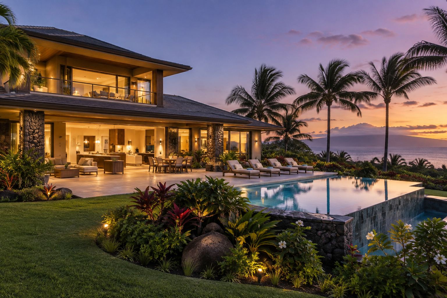 A Maui, Hawaii home exterior at dusk, illustrative