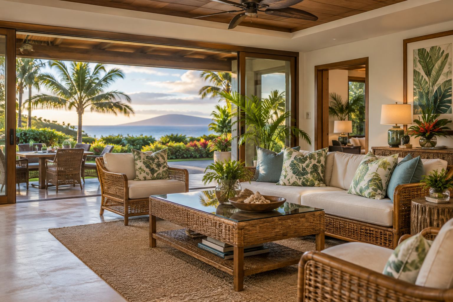 A cozy Maui, Hawaii living room, illustrative